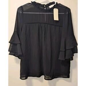Ladies Monteau Black Blouse, Size Medium, 3/4 Sleeves with Ruffle